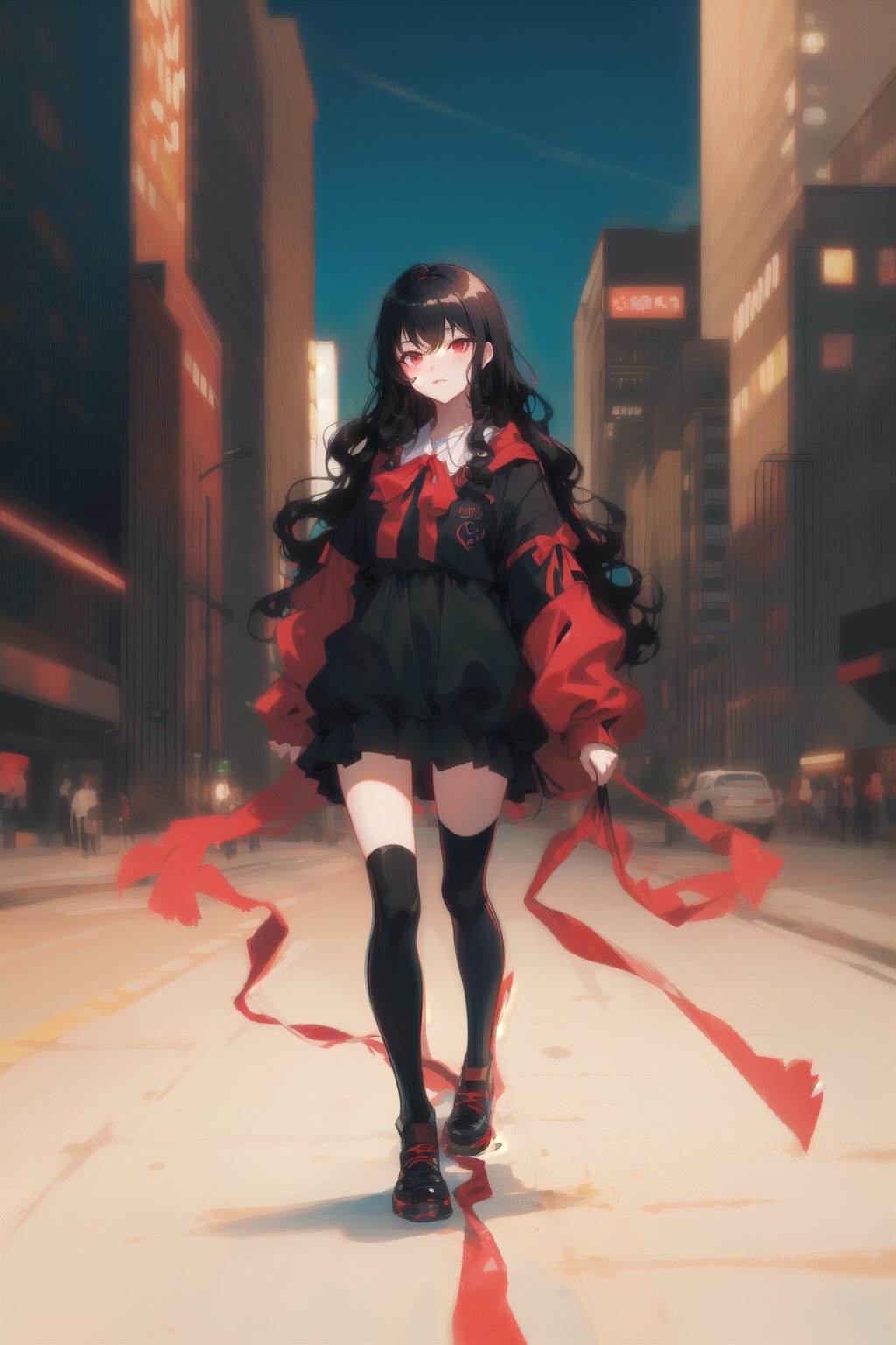 long black shiny hair,  ((wavy hair)),  red eyes,  1girl,  teenager,  city,  red and black clothes,  ribbon in hair,  full body