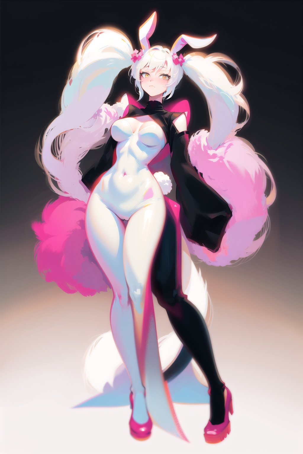 best quality, masterpiece, 1girl, big strong hips, bunny ears, (simple background:1.3), cute, curvy, bunny suit, furry bunny ears, hips, full body, large breats, wide hips, clear skin, thick hips, clean, goddess, beauty, gradient background, simple background, solo, twintails, plae skin smug anime girl