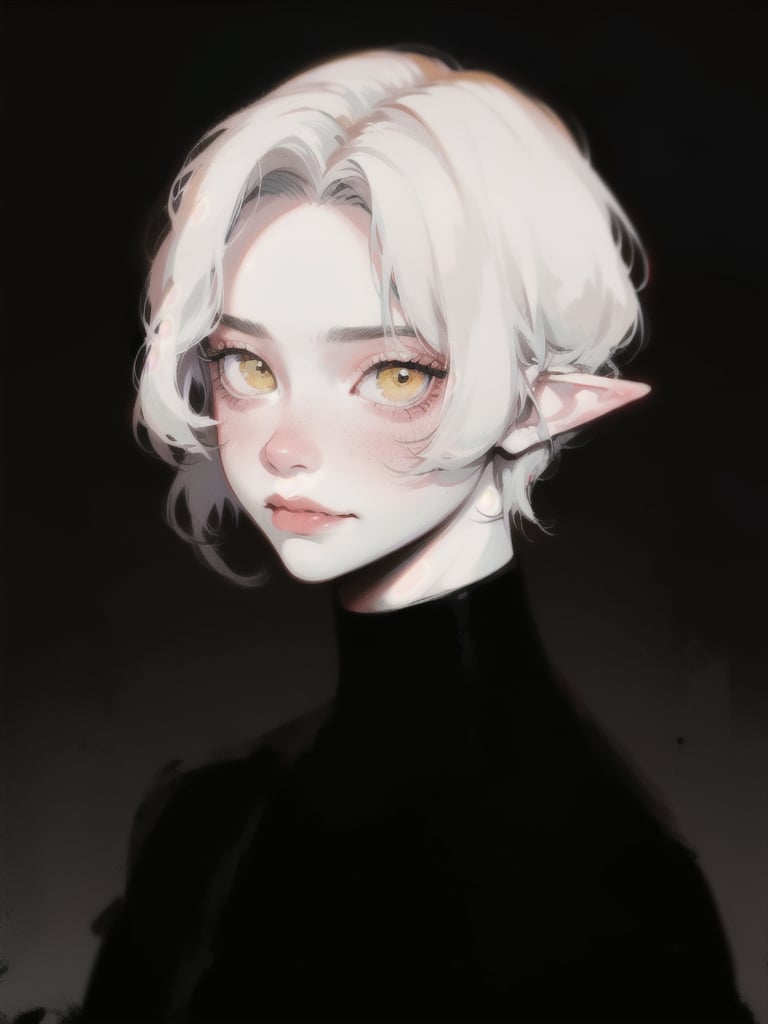 Emet Selch, 1boy, black shirt, bangs, black robe, looking at viewer, male focus, parted bangs, full lips, pale, blush portrait, robe, short hair, upper body, white hair, yellow eyes, dynamic angle, dynamic pose, hades, dark theme, soothing tones, muted colors, elf ears, high contrast, (natural skin texture, hyperrealism, soft light, sharp), exposure blend, medium shot, bokeh, (hdr:1.4), high contrast, (cinematic, black and grey:0.85), (muted colors, dim colors, soothing tones:1.3), low saturation, (hyperdetailed:1.2), (noir:0.7), warrior, dark forrest, big fangs, evil, serious, terrifying, beautiful, sinister, castlevania, (smooth:1.2), prince of darkness, gloomy, old portrait, vectorian vampire, lucifer, portrait painting