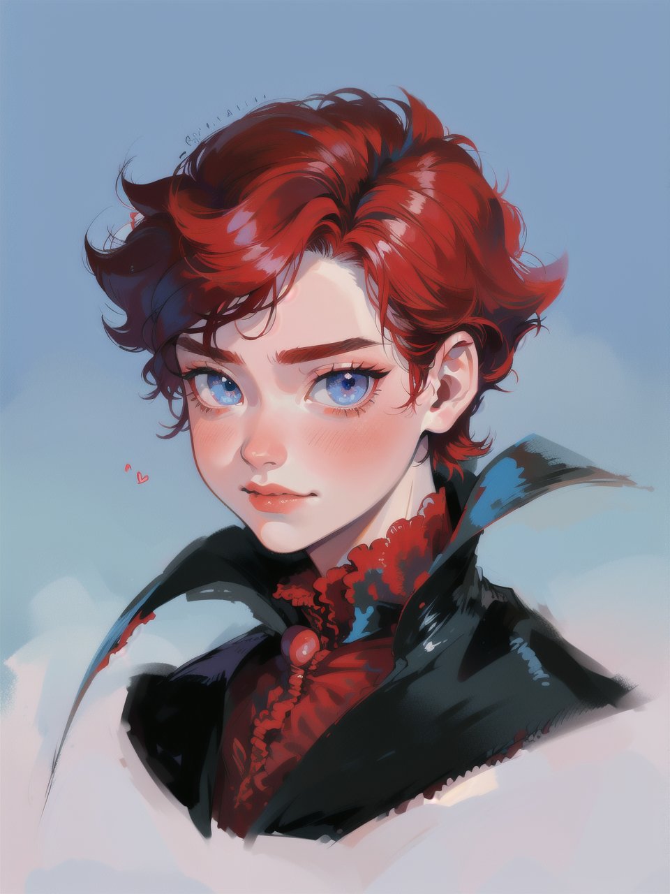 solo, 1boy, closeup, red hair, 1990s \(style\), tr90style, simple background, blue eyes, victorian, gradient background, vampire, blush, pale, sad, cute, prince, flat-artstyle, highres, high quality, masterpiece, subsurface scattering, full body, male focus, 