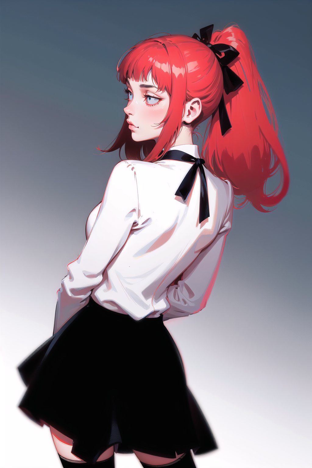 Victorian vampire, cute, (simple background:1.2), gradient background, red hair, long hair, solo female, cowboy shot, black skirt, white collared shirt, victorian, ribbon, arms behind back, ponytail,