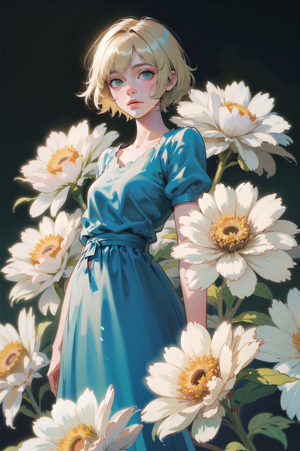 a woman with simple dress, short hair, blonde, global illumination, a photorealistic water painting, in the middle of flowers, long flowers, simple background, subsurface scattering, simple dress, (simple artwork:1.2), simple, (water color:1.2)