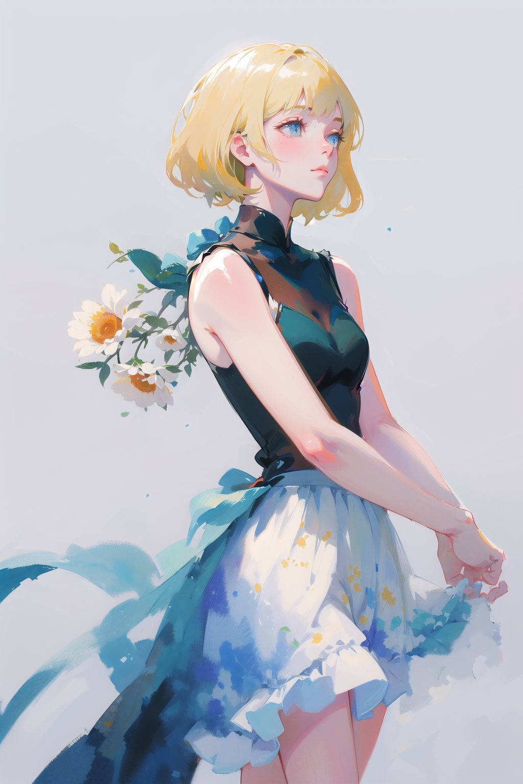 a woman with simple dress, short hair, blonde, global illumination, a photorealistic water painting, in the middle of flowers, long flowers, simple background, subsurface scattering, simple dress, (simple artwork:1.2), simple, (water color:1.2)