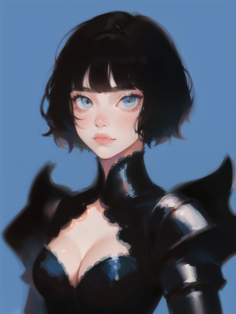 1girl, short hair, upper body, detailed face, simple background, blue background, dress, cleavage, black armor