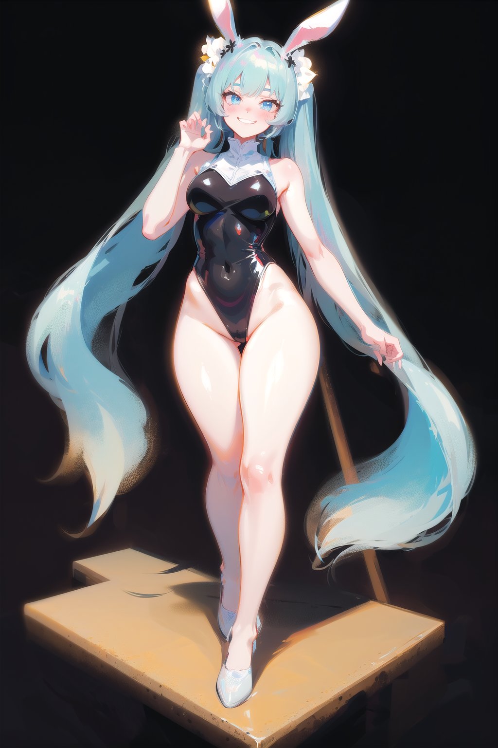 best quality, masterpiece, 1girl, big strong hips, bunny ears, (simple background:1.3), cute, curvy, one piece swimsuit, furry bunny ears, hips, full body, large breats, wide hips, clear skin, thick hips, clean, goddess, beauty, gradient background, simple background, solo, twintails, plae skin smug anime girl, marble floor, reflective floor, glossy floor, bunny suit, leotard, leaning, shortening, grin, nun, sleeveless, bare arms, bare legs, bare_sholders