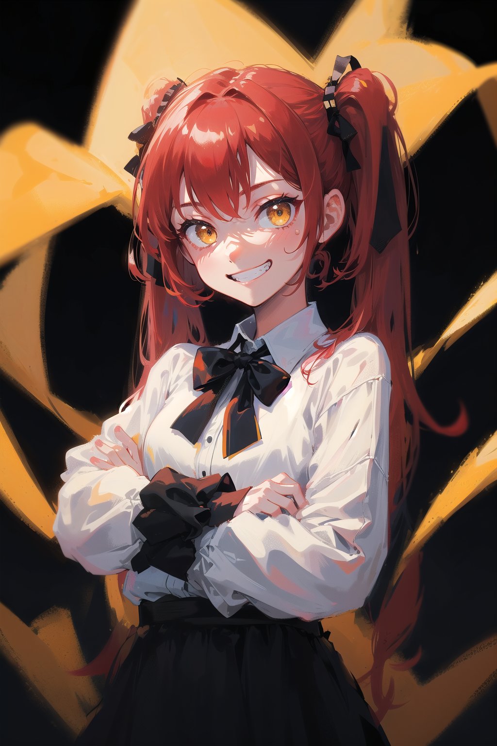 1girl,  solo,  long hair,  looking at viewer,  grin,  simple background,  twintails,  (red hair:1.1),  black_hair_tie,  bow hair tie,  (solo:1.2),  (black_background:1.3),  crossed arms, yellow eyes, black ribbon, glossy, saturated, contrast, strong colors