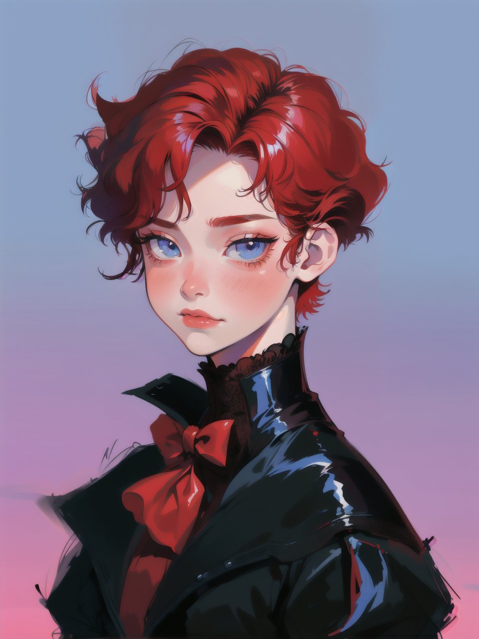 solo, 1boy, closeup, red hair, 1990s \(style\), tr90style, simple background, blue eyes, victorian, gradient background, vampire, blush, pale, sad, cute, prince, flat-artstyle, highres, high quality, masterpiece, subsurface scattering, upper body, male focus, 