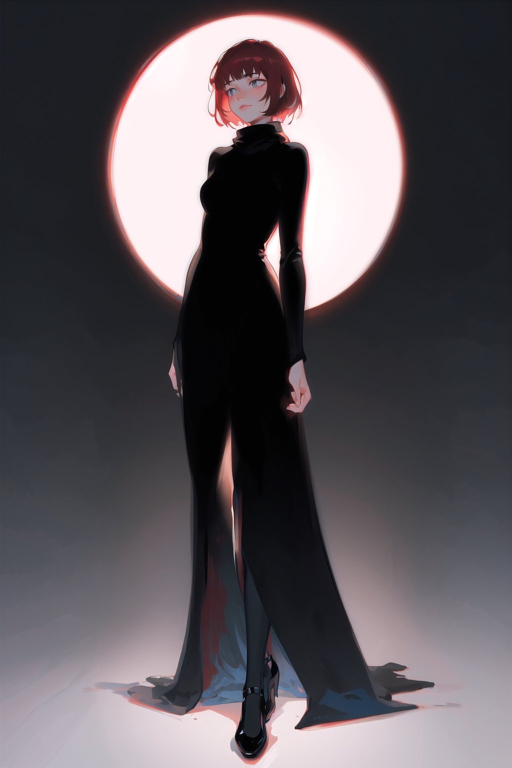 Chinese goddess, red hair, chinese dress, short hair, black dress, best quality, black fur scarf, simple background, grey background, gradient background, best quality, full body, shiny black shoes, dark theme, tarot artstyle, dramatic lighting, subsurface scattering, volumetric lighting, ambient, bare shoulders, intricate details, beautiful dress motif