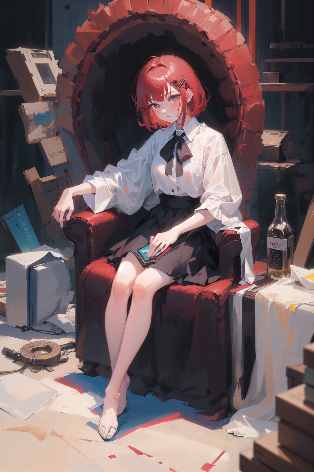 female, (masterpiece,  best quality,  ultra detailed,  absurdres)1.5, white shirt black dress neck ribbon, 1girl short hair, demonictech,  red hair,  bangs,  sitting,  looking_at_viewer