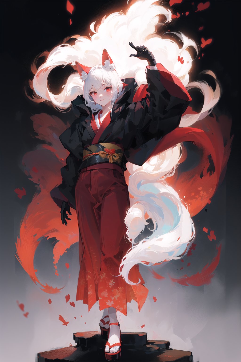 masterpiece, best quality, 1girl, White hair, red eyes, fox ears, long hair, red kimono, black coat, black gloves, otoko no ko, Smile, simple background, gradient background