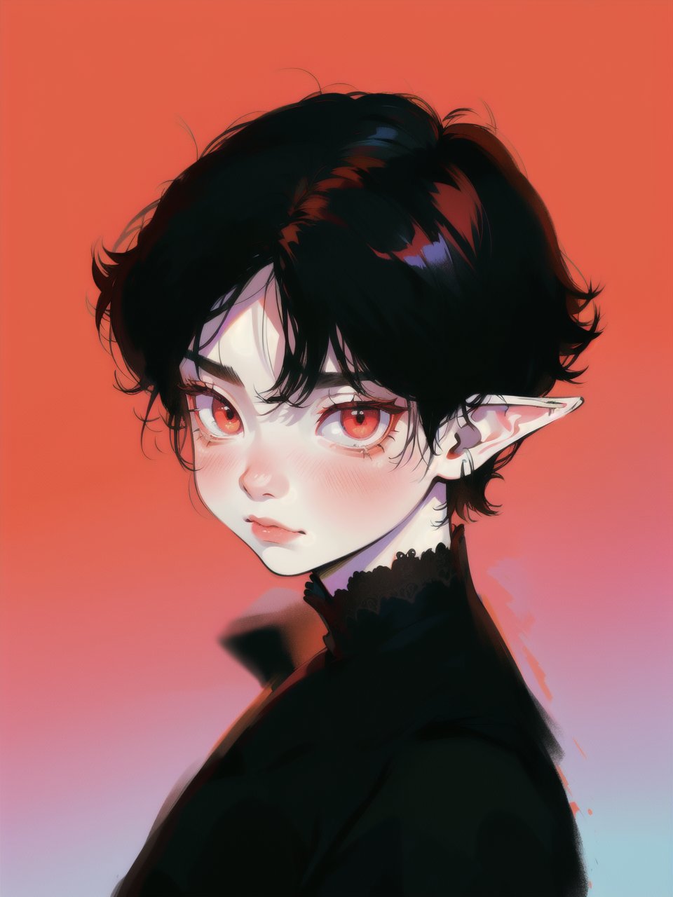 solo, 1boy, closeup, black hair, 1990s \(style\), tr90style, simple background, red eyes, victorian, gradient background, vampire, blush, pale, sad, cute, elf ears, flat-artstyle, highres, high quality,