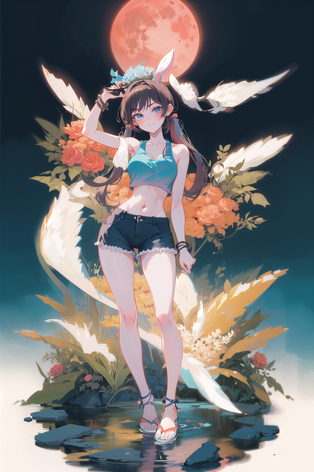 best quality, masterpiece, 1girl, big strong hips, bunny ears, (simple background:1.3), cute, curvy, white tanktop crop top and blue shorts, furry bunny ears, hips, full body, large breats, wide hips, clear skin, thick hips, clean, goddess, beauty, gradient background, simple background, solo, twintails, plae skin smug anime girl, garden floor, rose patterns, leaves patterns, holding cocktail drink, in a garden, roses and leaf patterns, grass, standing in a garden, pond, stone  water, wading, red moon, full moon, pokemon, wearing blue swim short and white tanktop, sleevless, black bracelets