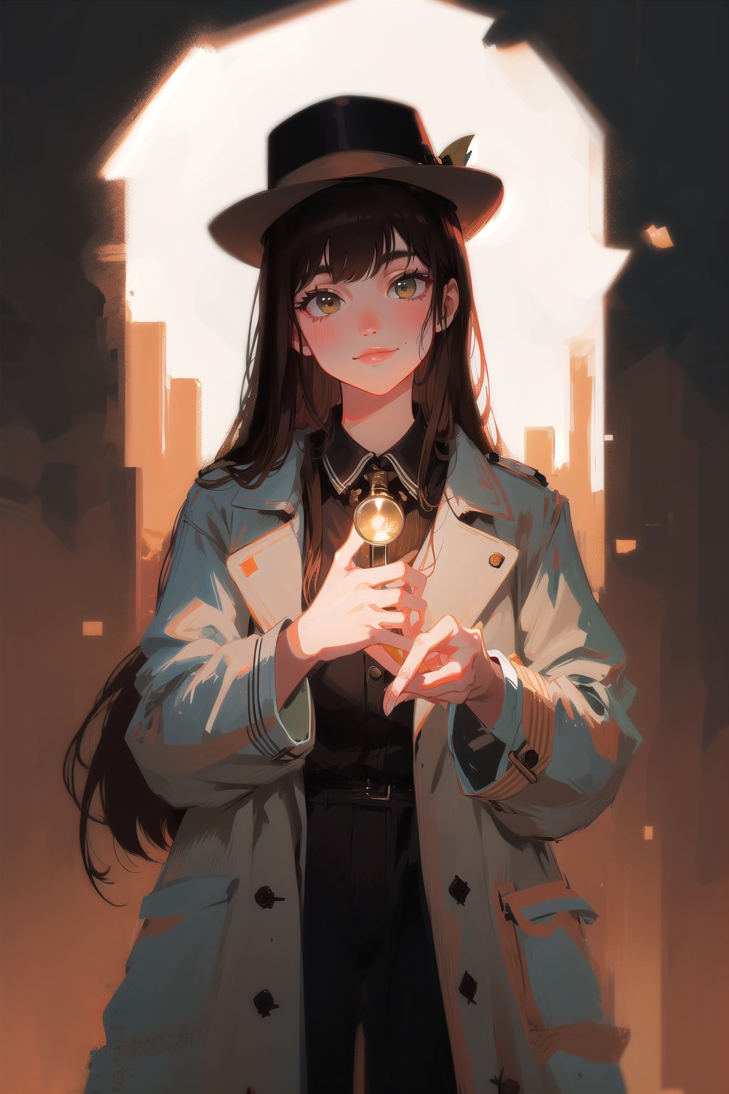 beautiful, 1girl,
(Brown hair:1.2),
long hair, smile, (detective:1.2),Magnifying glass,
Detective's hat,
Light color Trench coat, hk_girl