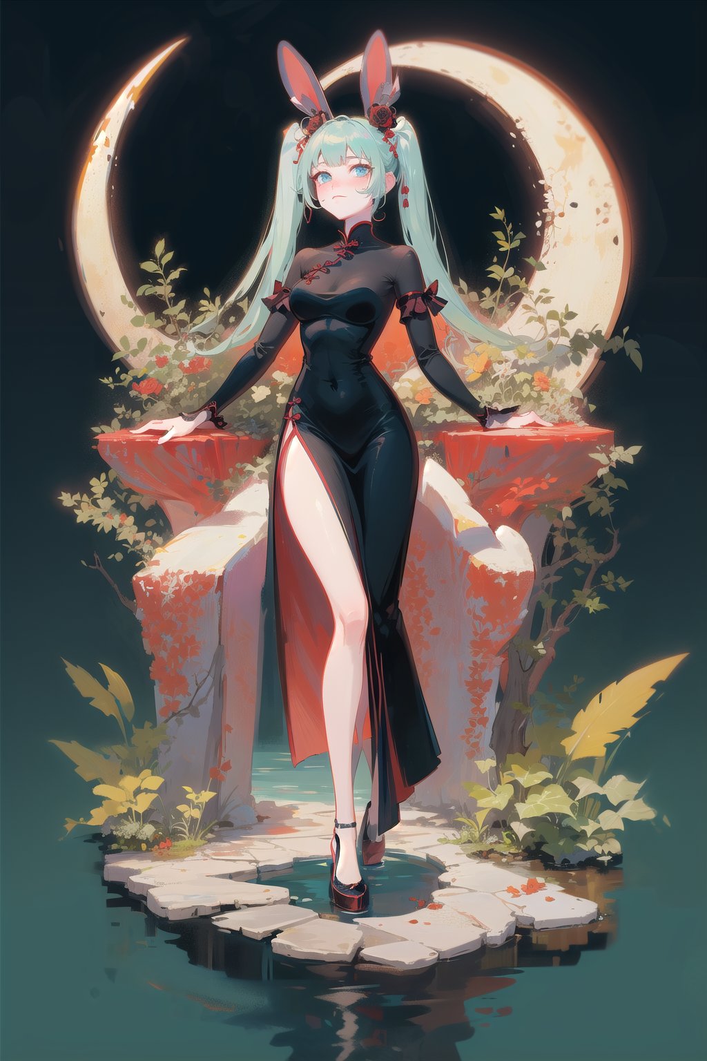 best quality, masterpiece, 1girl, big strong hips, bunny ears, (simple background:1.3), cute, curvy, black chinese dress, furry bunny ears, hips, full body, large breats, wide hips, clear skin, thick hips, clean, goddess, beauty, gradient background, simple background, solo, twintails, plae skin smug anime girl, garden floor, rose patterns, leaves patterns, holding cocktail drink, in a garden, leaf patterns, grass, standing in a garden, pond, stone  water, wading, red moon, full moon, wearing back chinese dress, (sleevless:1.2), sitting a throne, dragon in background, crimson, dramatic, painting, blue water,