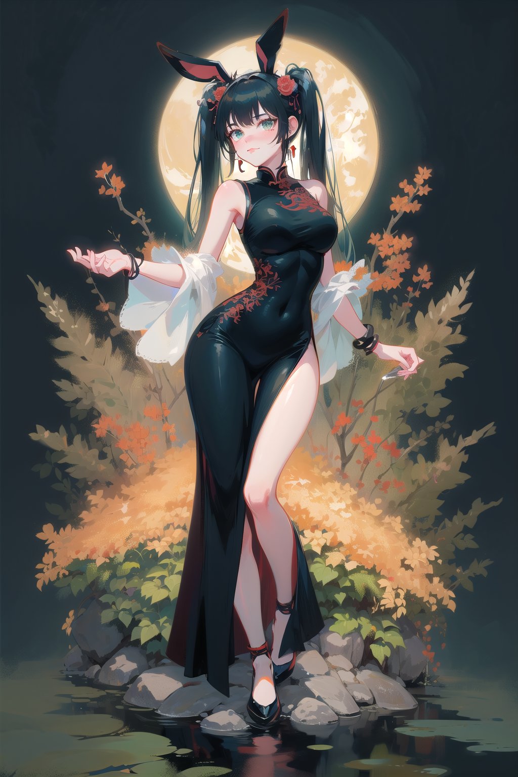 best quality, masterpiece, 1girl, big strong hips, bunny ears, (simple background:1.3), cute, curvy, black chinese dress, furry bunny ears, hips, full body, large breats, wide hips, clear skin, thick hips, clean, goddess, beauty, gradient background, simple background, solo, twintails, plae skin smug anime girl, garden floor, rose patterns, leaves patterns, holding cocktail drink, in a garden, roses and leaf patterns, grass, standing in a garden, pond, stone  water, wading, red moon, full moon, pokemon, wearing back chinese dress, (sleevless:1.2), black bracelets, bangles, tarot artstyle, grass in garden floor, lots of green grass