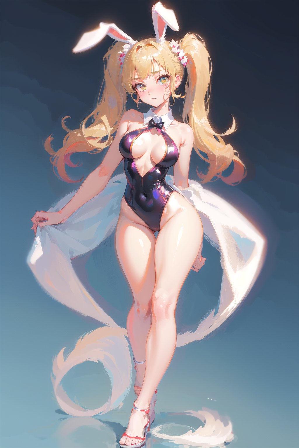 best quality, masterpiece, 1girl, big strong hips, bunny ears, (simple background:1.3), cute, curvy, one piece swimsuit, furry bunny ears, hips, full body, large breats, wide hips, clear skin, thick hips, clean, goddess, beauty, gradient background, simple background, solo, twintails, plae skin smug anime girl