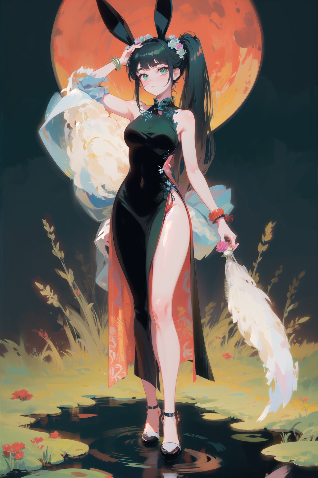 best quality, masterpiece, 1girl, big strong hips, bunny ears, (simple background:1.3), cute, curvy, black chinese dress, furry bunny ears, hips, full body, large breats, wide hips, clear skin, thick hips, clean, goddess, beauty, gradient background, simple background, solo, twintails, plae skin smug anime girl, garden floor, rose patterns, leaves patterns, holding cocktail drink, in a garden, roses and leaf patterns, grass, standing in a garden, pond, stone  water, wading, red moon, full moon, pokemon, wearing back chinese dress, (sleevless:1.2), black bracelets, bangles, tarot artstyle, grass in garden floor, lots of green grass