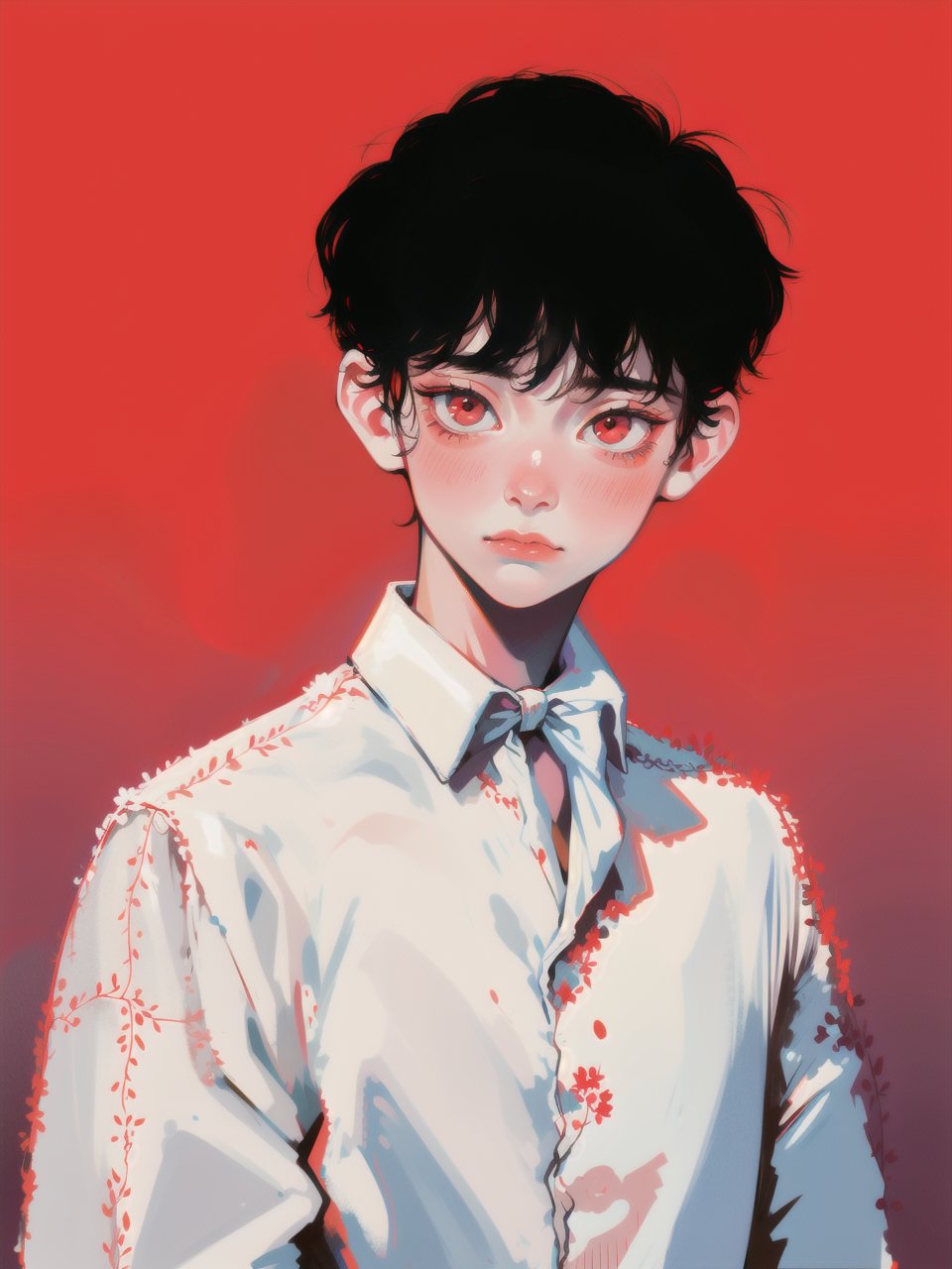 solo, 1boy, closeup, white shirt, black hair, 1990s \(style\), tr90style, simple background, red eyes, victorian, gradient background, vampire, blush, pale, sad