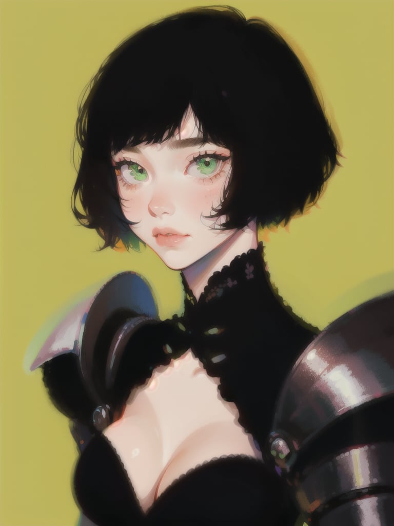 1girl, short hair, upper body, detailed face, simple background, green background, dress, cleavage, black armor