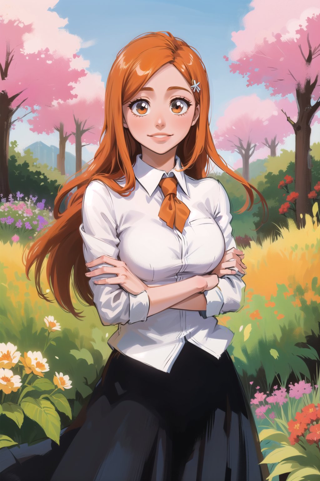 1girl, garden, beautiful, long hair, long skirt, collared shirt, cute, orihime, orange hair, ginger, large breasts, hair clip, hair ornament, crossed arms, cute, clear eyes, smile, looking at viewer