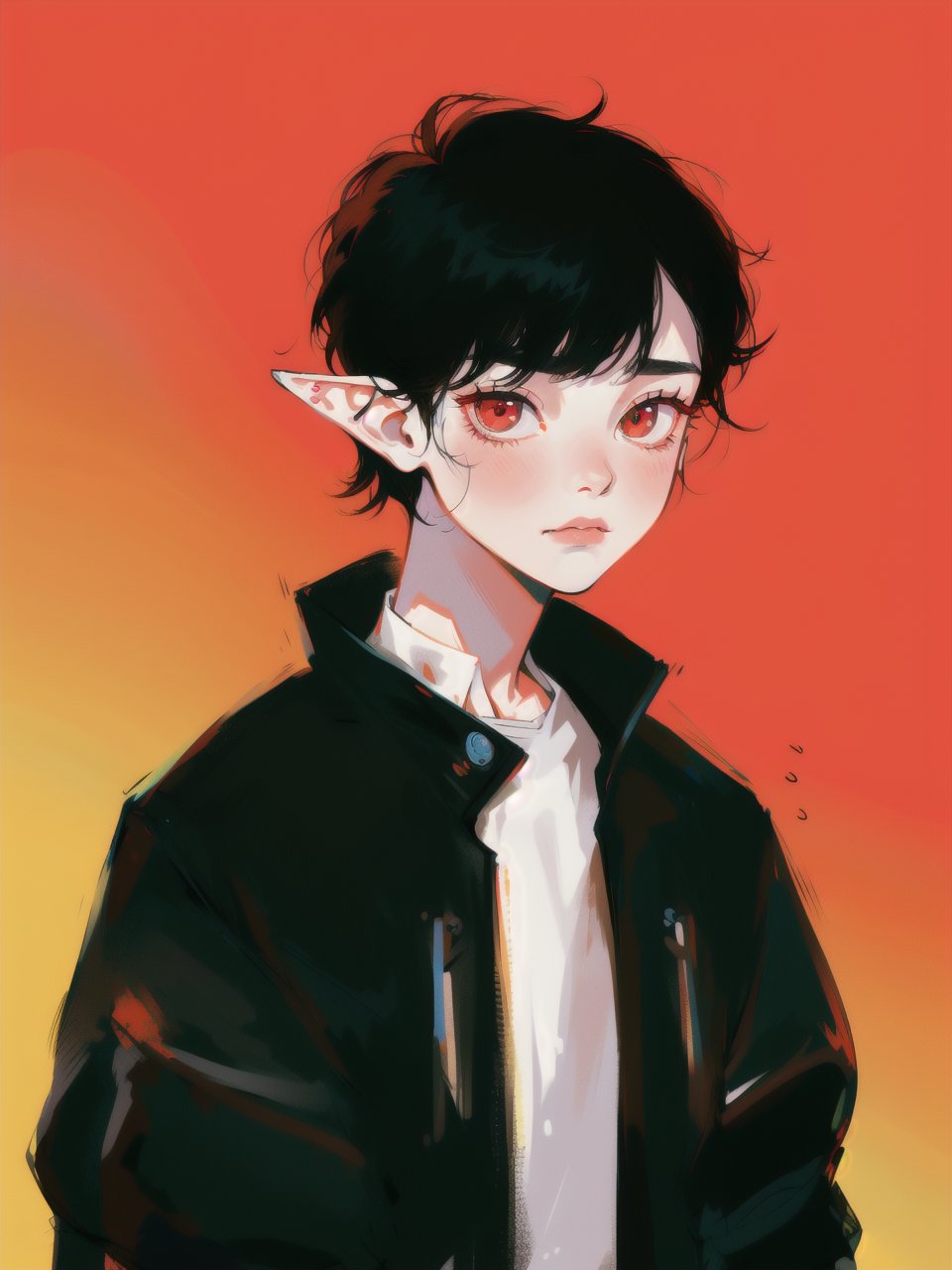 solo, 1boy, closeup, white shirt, black hair, 1990s \(style\), tr90style, simple background, red eyes, jacket, gradient background, vampire, blush, pale, sad, cute, elf ears, flat-artstyle, highres, high quality,