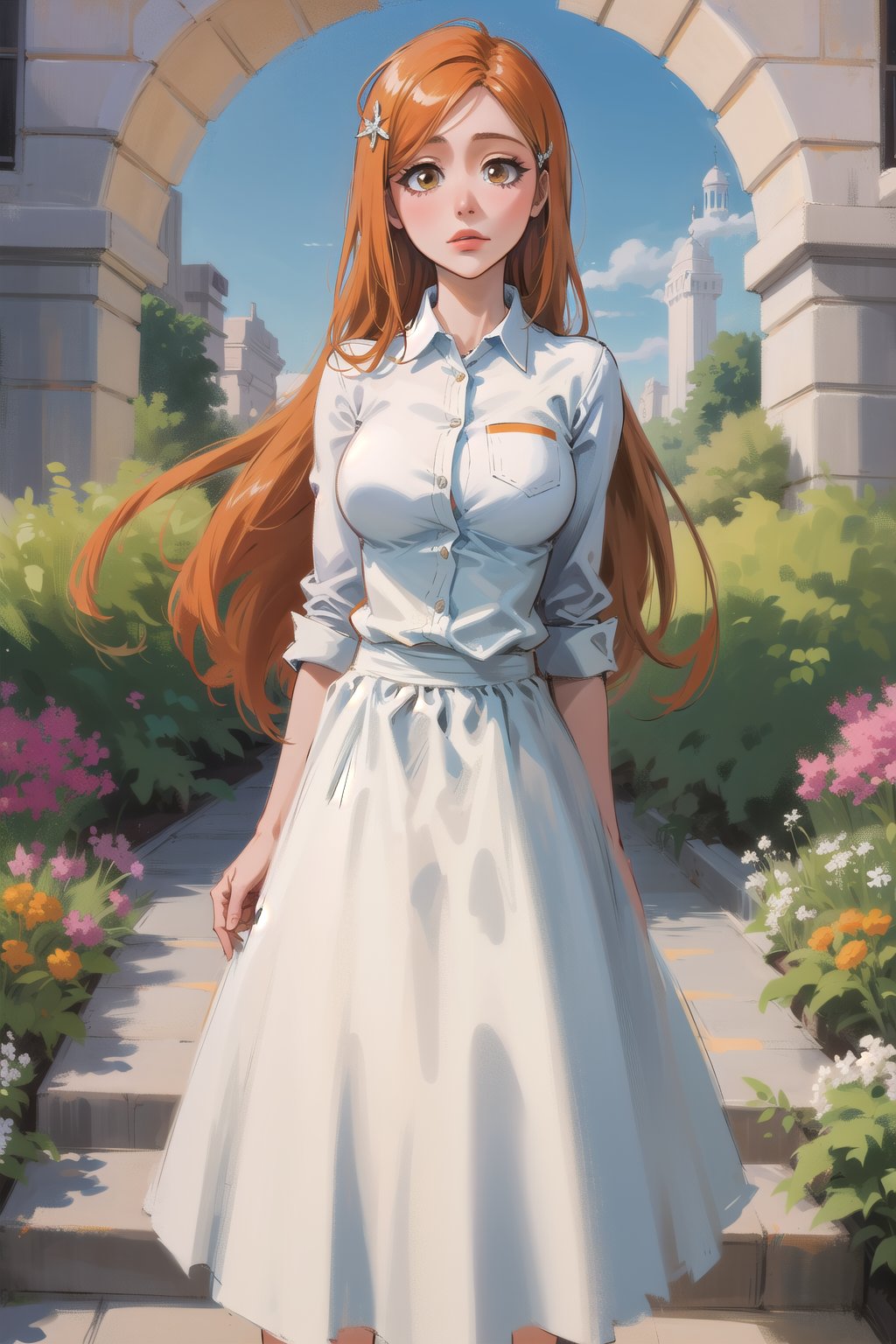 1girl, garden, beautiful, long hair, long skirt, collared shirt, cute, orihime, orange hair, ginger, large breasts, hair clip, hair ornament