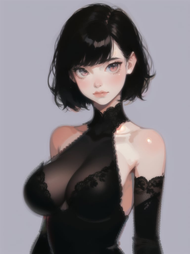 1girl, short hair, upper body, detailed face, simple background, dress, large breasts, bare shoulders, black armor