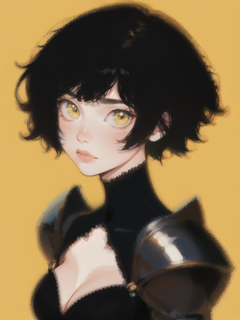 1girl, short hair, upper body, detailed face, simple background, yellow background, dress, cleavage, black armor