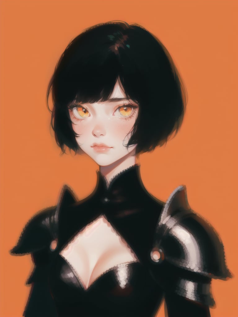 1girl, short hair, upper body, detailed face, simple background, orange background, dress, cleavage, black armor