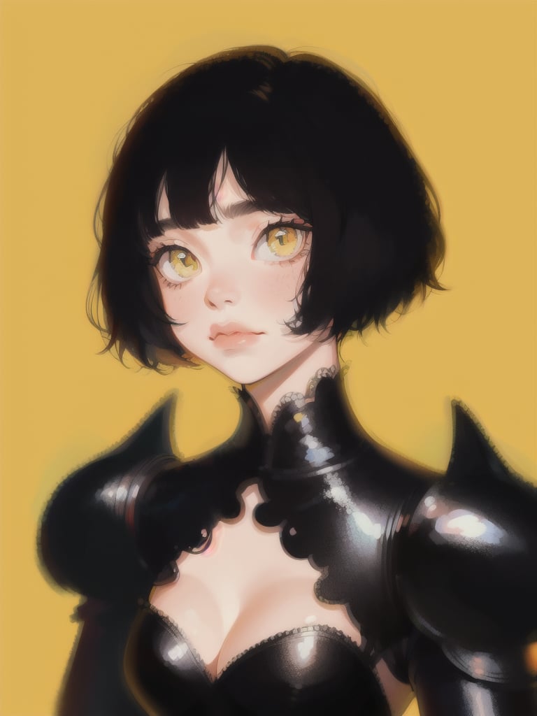 1girl, short hair, upper body, detailed face, simple background, yellow background, dress, cleavage, black armor