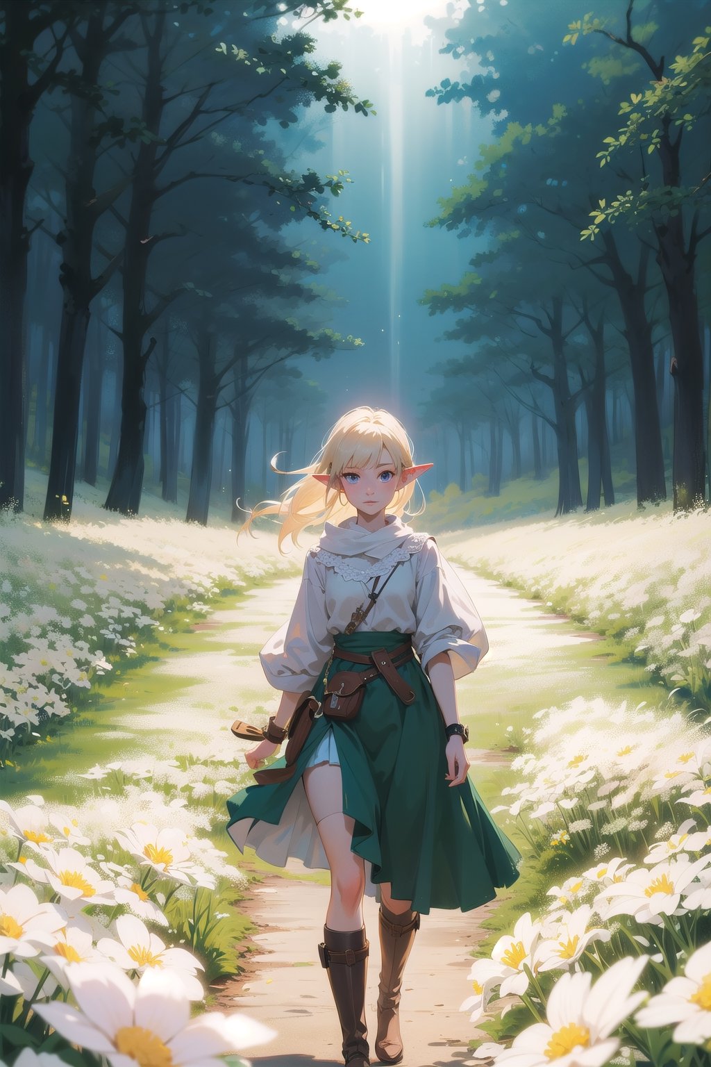 masterpiece, best quality, 1girl, elf adventurer walking through a field of white flowers, sunbeam, volumetric lighting,anime