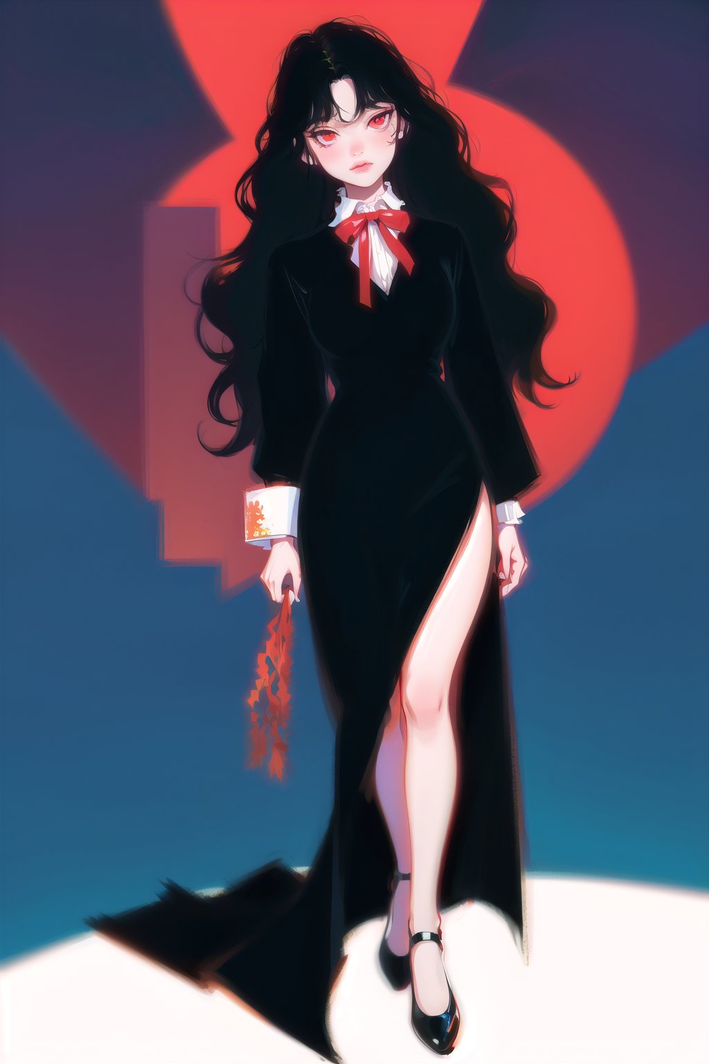 long black shiny hair,  ((wavy hair)),  red eyes,  1girl,  teenager,  city,  red and black clothes,  ribbon in hair,  full body