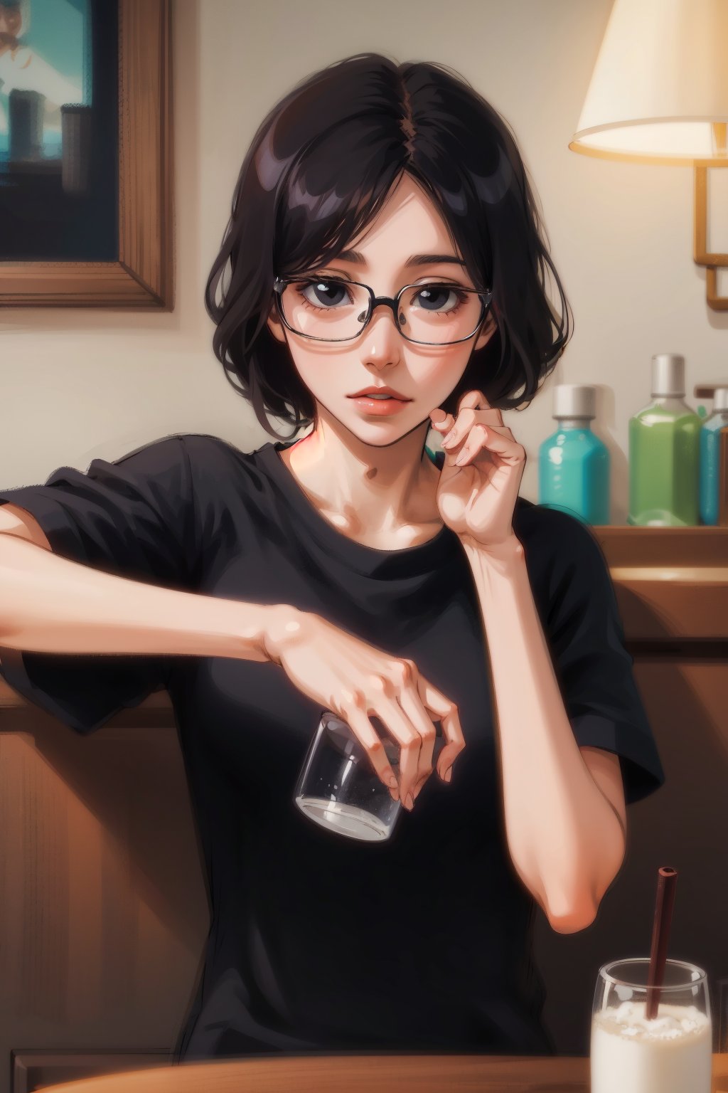 1girl, solo, looking at viewer, short hair, shirt, black hair, holding, sitting, short sleeves, glasses, indoors, black eyes, cup, lips, gun, black shirt, table, drinking glass, realistic