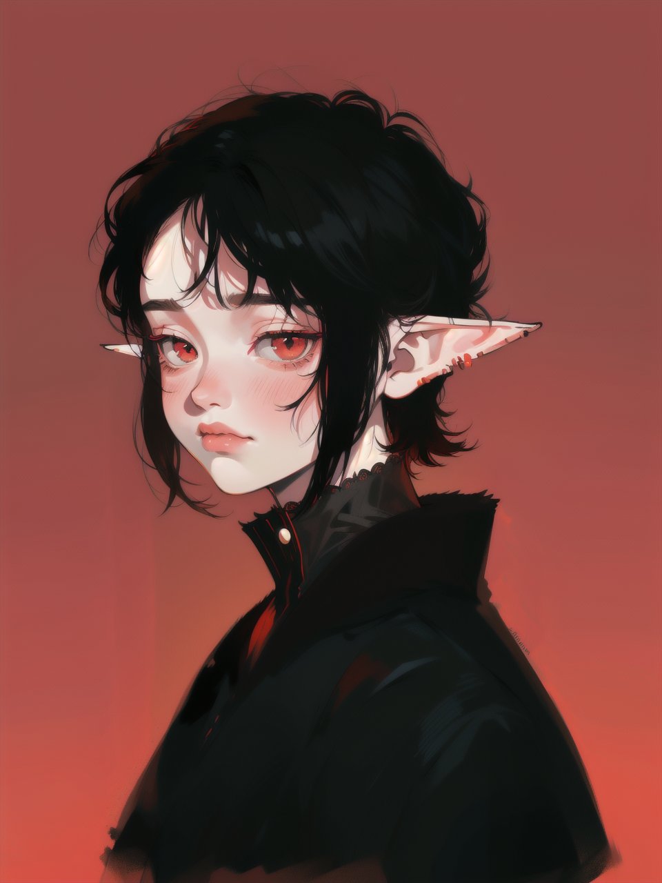 solo, 1boy, closeup, black hair, 1990s \(style\), tr90style, simple background, red eyes, victorian, gradient background, vampire, blush, pale, sad, cute, elf ears, flat-artstyle, highres, high quality, masterpiece, subsurface scattering, upper body