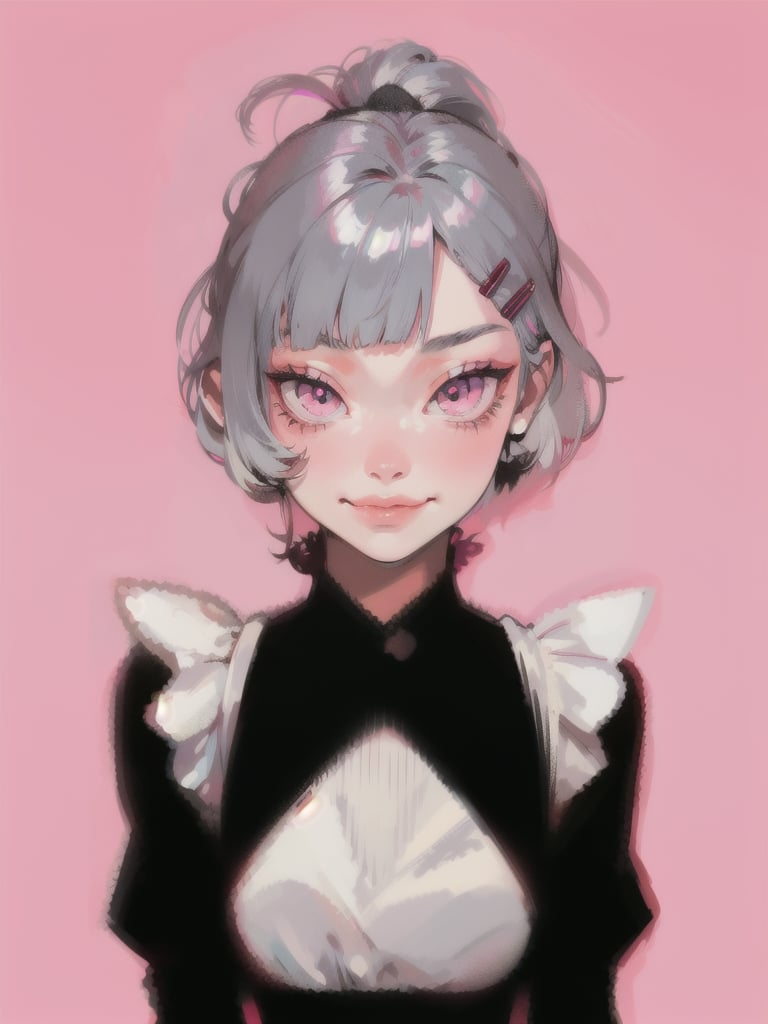 1girl, solo, slender, silver hair, grey hair, long hair, flipped hair, folded ponytail, blunt bangs, antenna hair, pink eyes, smirk, boyish clothes, maid, hairclip