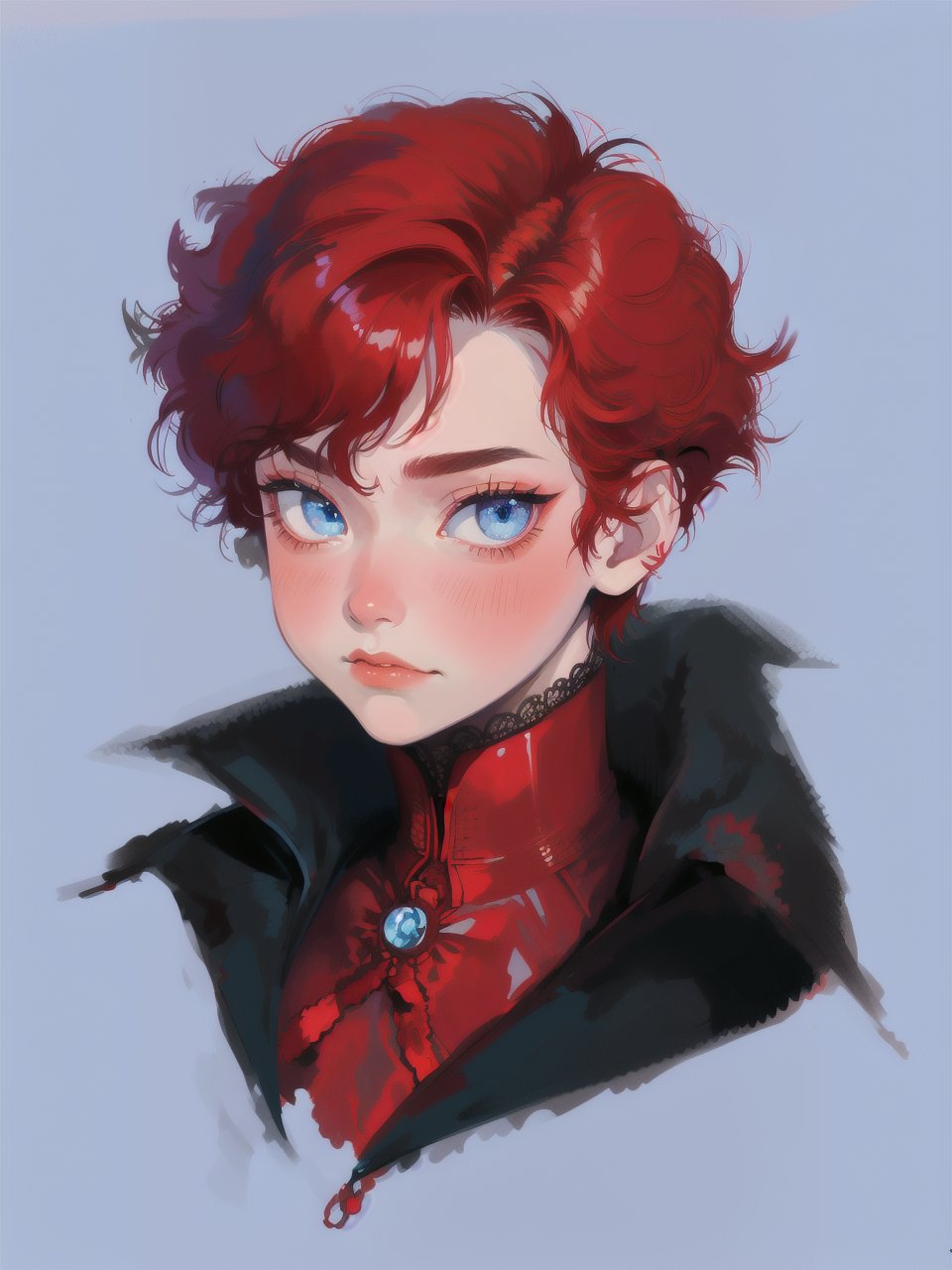 solo, 1boy, closeup, red hair, 1990s \(style\), tr90style, simple background, blue eyes, victorian, gradient background, vampire, blush, pale, sad, cute, prince, flat-artstyle, highres, high quality, masterpiece, subsurface scattering, full body, male focus, 