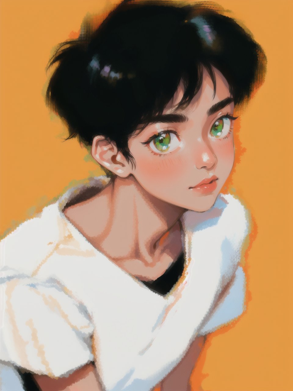 solo, 1boy, closeup, white t-shirt, black hair, 1990s \(style\), tr90style, simple background, green eyes, simple t-shirt,