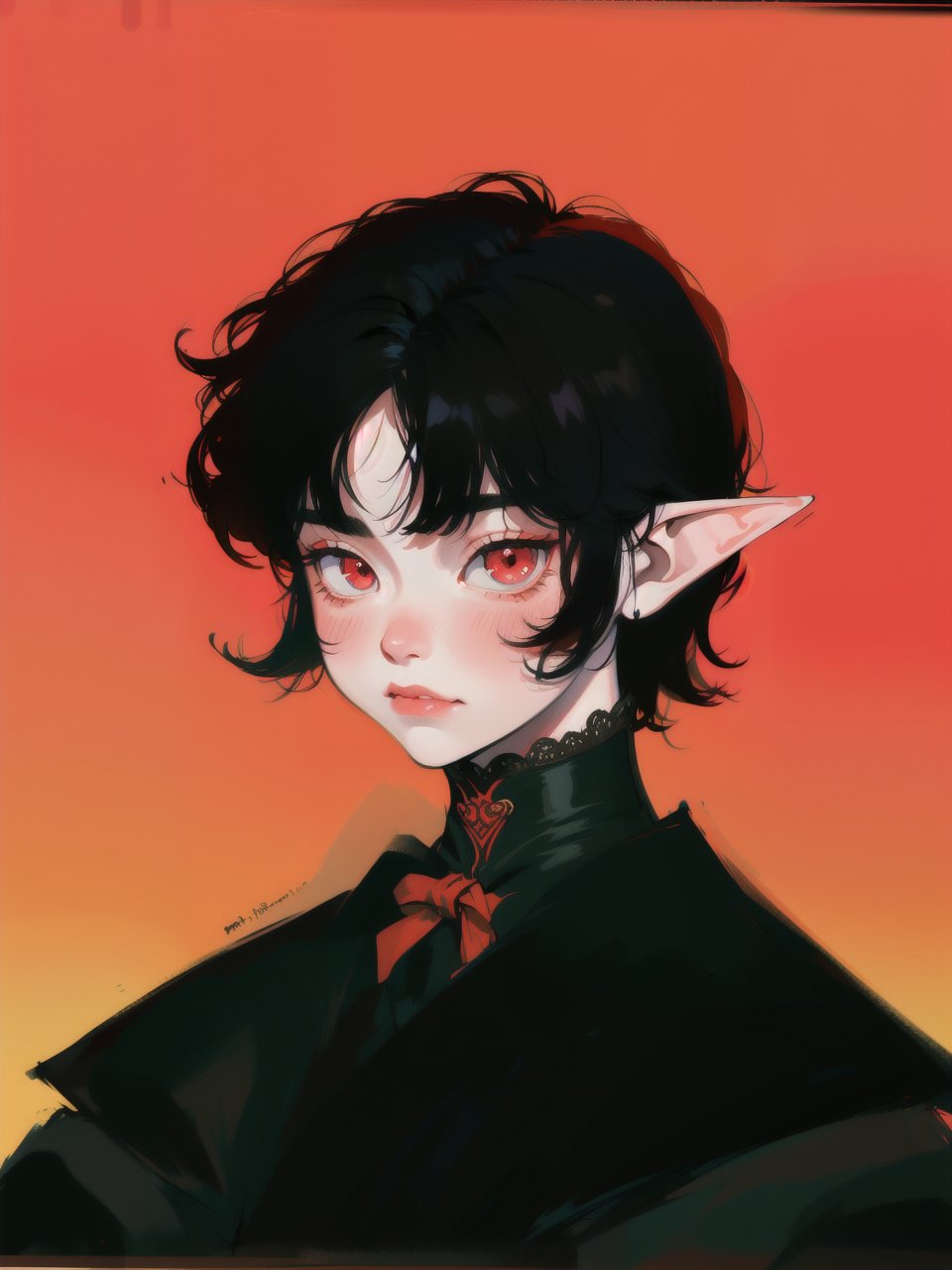 solo, 1boy, closeup, black hair, 1990s \(style\), tr90style, simple background, red eyes, victorian, gradient background, vampire, blush, pale, sad, cute, elf ears, flat-artstyle, highres, high quality, masterpiece, subsurface scattering, upper body