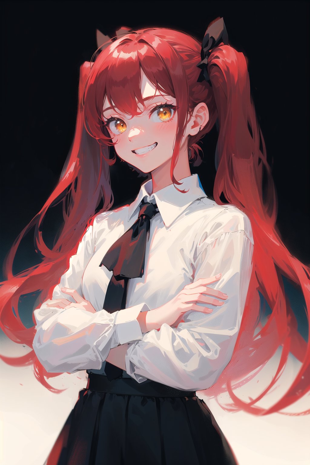 1girl,  solo,  long hair,  looking at viewer,  grin,  simple background,  twintails,  (red hair:1.1),  black_hair_tie,  bow hair tie,  (solo:1.2),  (black_background:1.2),  crossed arms, yellow eyes, ribbon tie, glossy, saturated, contrast, strong colors, (simple background:1.2), gradient background, black skirt, white collared shirt