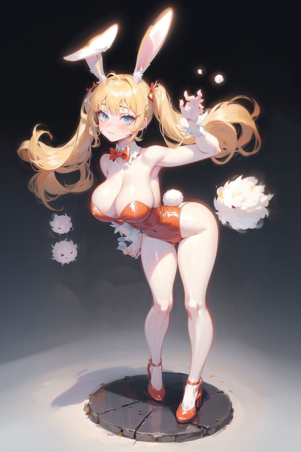 best quality, masterpiece, 1girl, big strong hips, bunny ears, (simple background:1.3), cute, curvy, one piece swimsuit, furry bunny ears, hips, full body, large breats, wide hips, clear skin, thick hips, clean, goddess, beauty, gradient background, simple background, solo, twintails, plae skin smug anime girl, marble floor, reflective floor, glossy, bunny suit, leotard, leaning forward