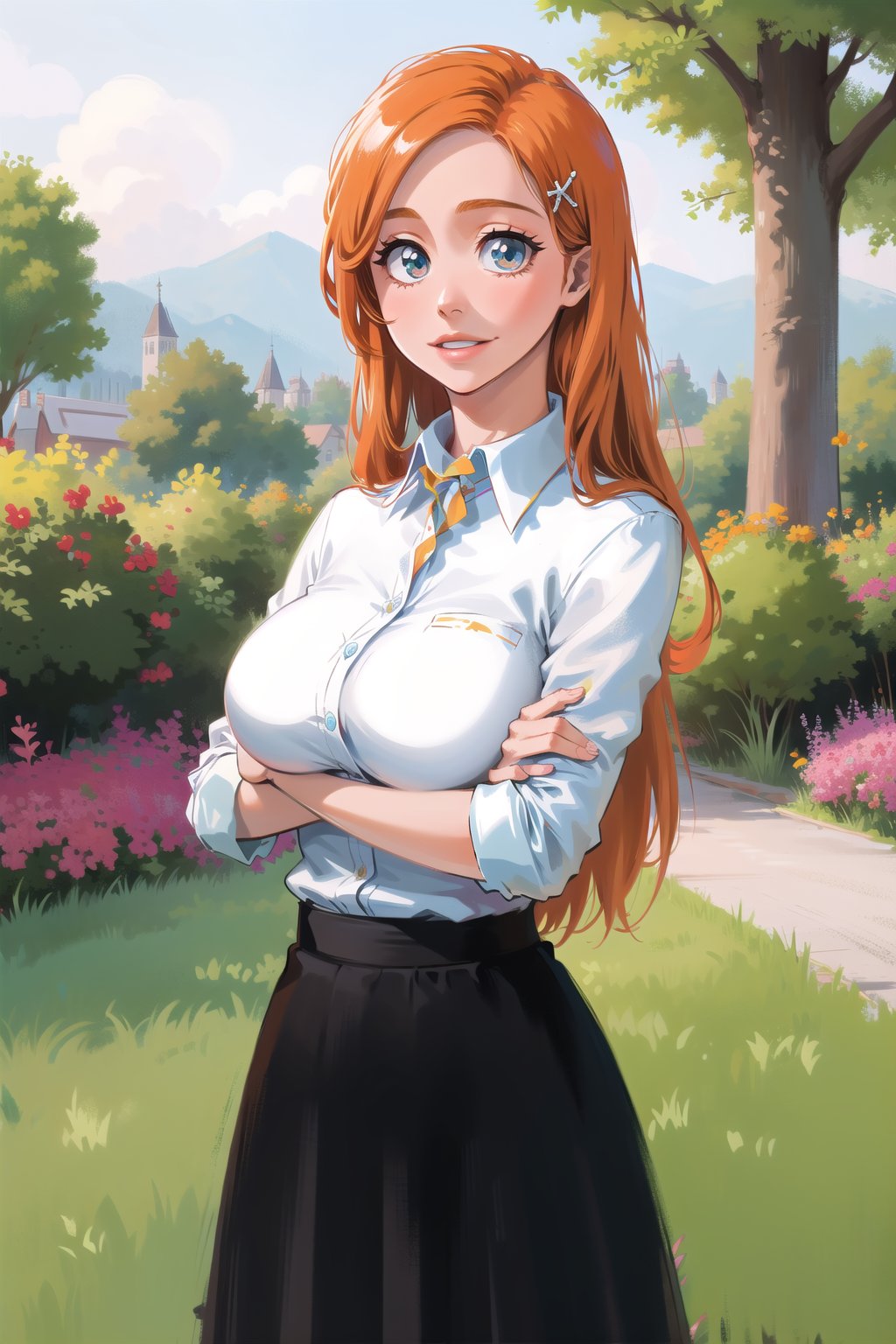 1girl, garden, beautiful, long hair, long skirt, collared shirt, cute, orihime, orange hair, ginger, large breasts, hair clip, hair ornament, crossed arms, cute, clear eyes, smile, looking at viewer, black skirt, cyan collared shirt,