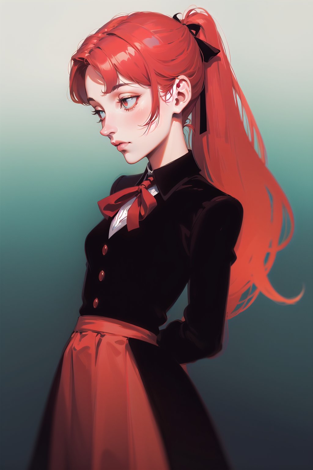 Victorian vampire, cute, (simple background:1.2), gradient background, red hair, tied hair, long hair, solo female, cowboy shot, skirt, collared shirt, victorian, ribbon, arms behind back, low ponytail,