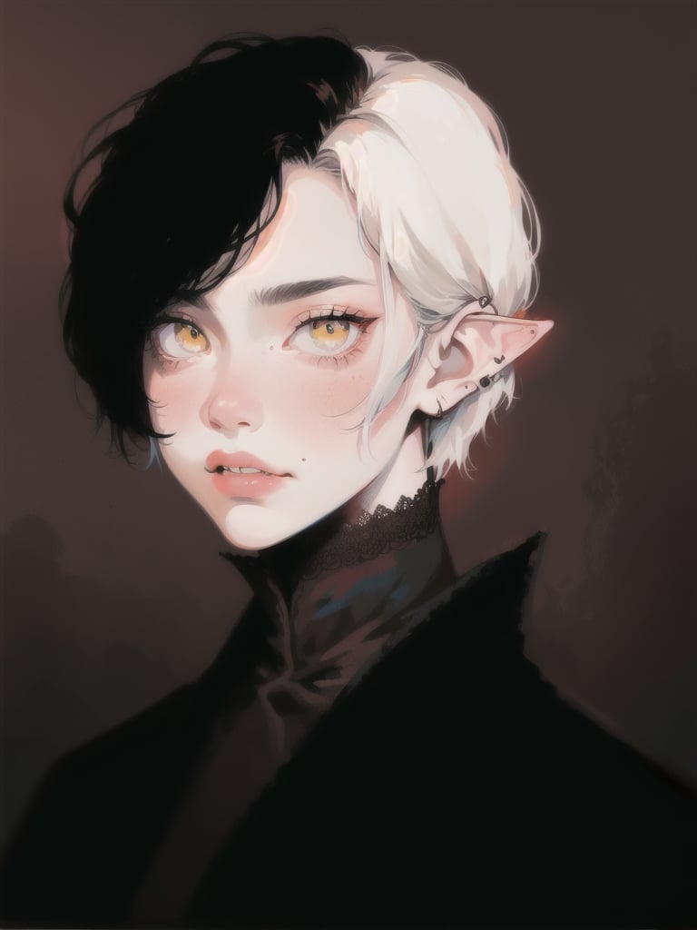 Emet Selch, 1boy, black shirt, bangs, black robe, looking at viewer, male focus, parted bangs, full lips, pale, blush portrait, robe, short hair, upper body, white hair, yellow eyes, dynamic angle, dynamic pose, hades, dark theme, soothing tones, muted colors, elf ears, high contrast, (natural skin texture, hyperrealism, soft light, sharp), exposure blend, medium shot, bokeh, (hdr:1.4), high contrast, (cinematic, black and grey:0.85), (muted colors, dim colors, soothing tones:1.3), low saturation, (hyperdetailed:1.2), (noir:0.7), warrior, dark forrest, big fangs, evil, serious, terrifying, beautiful, sinister, castlevania, (smooth:1.2), prince of darkness, gloomy, old portrait, vectorian vampire, lucifer, portrait painting