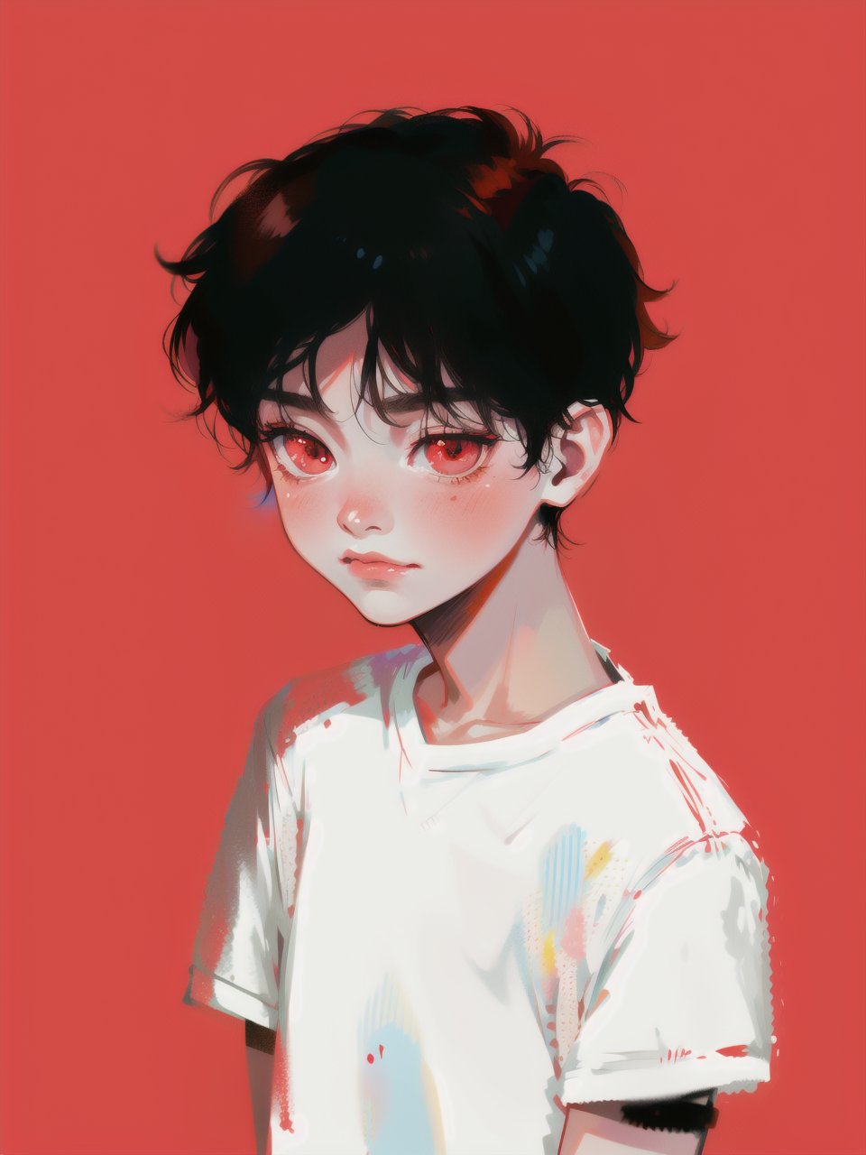 solo, 1boy, closeup, white t-shirt, black hair, 1990s \(style\), tr90style, simple background, red eyes, simple t-shirt, gradient background, vampire, blush, pale, sad