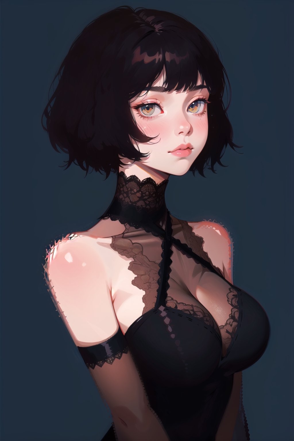 1girl, short hair, upper body, detailed, simple background, large breasts, bare shoulders, sleeveless, black hair, best quality, masterpiece, cowboy shot, intricate design, black victorian dress