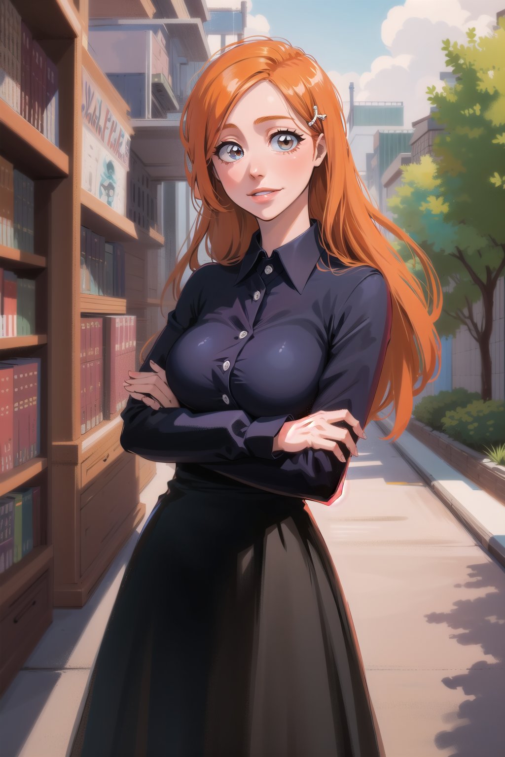 1girl, library, beautiful, long hair, long skirt, collared shirt, cute, orihime, orange hair, ginger, large breasts, hair clip, hair ornament, crossed arms, cute, clear eyes, smile, looking at viewer, black skirt, cyan collared shirt,