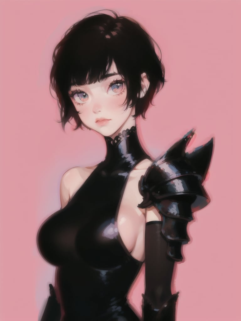 1girl, short hair, upper body, detailed face, simple background, dress, large breasts, bare shoulders, black armor