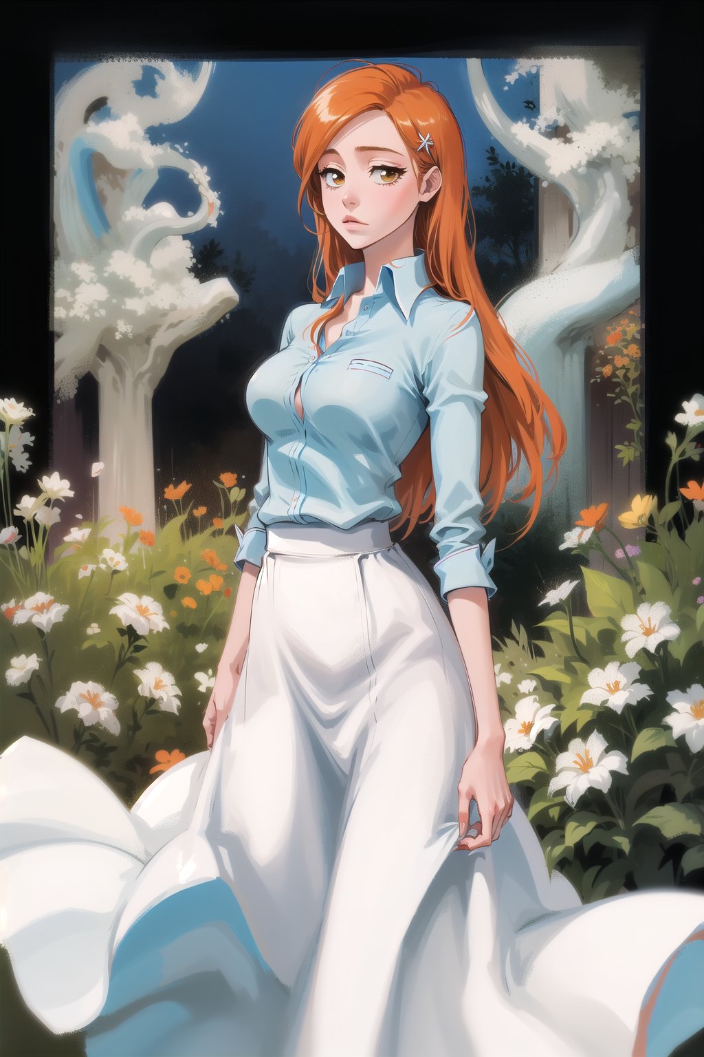 1girl, garden, beautiful, long hair, long skirt, collared shirt, cute, orihime, orange hair, ginger, large breasts, hair clip, hair ornament