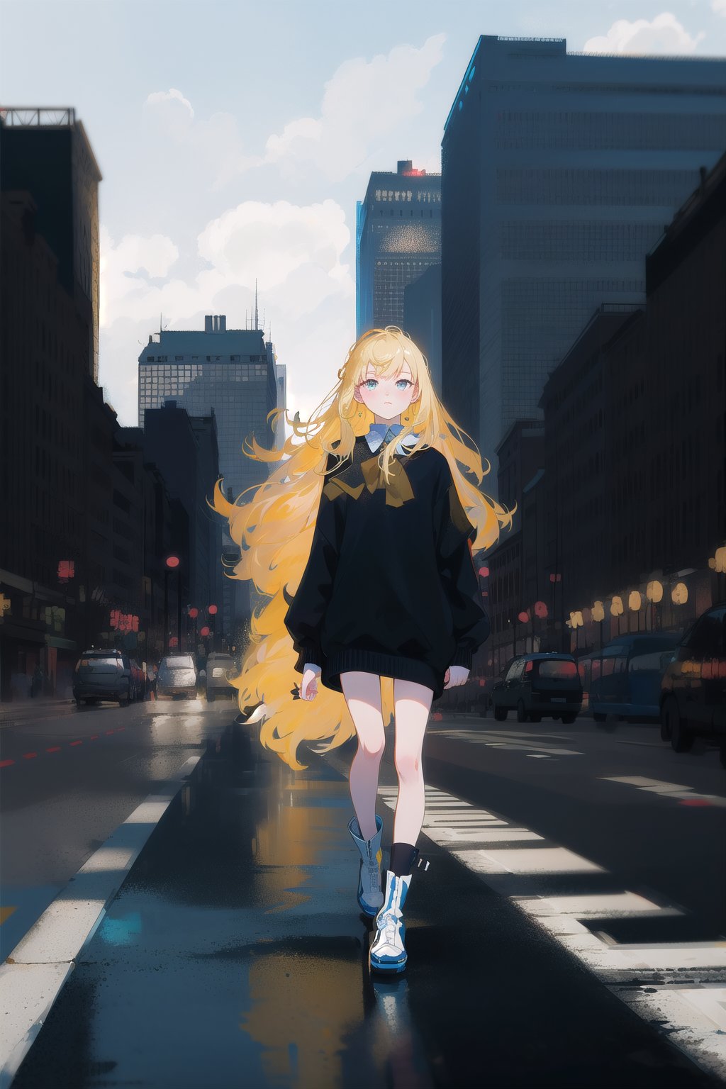 1girl, long hair, detailed face, blue background, blond hair, full body, asphalt, full body, (city:1.2), blue and black clothes, ribbon in hair, full body, black boots, solo, city, tarot artstyle, city, blue color palette, buildings, vibrant colors, dark theme, moon, asphalt floor, reflections, pale skin, asphalt, ,anime