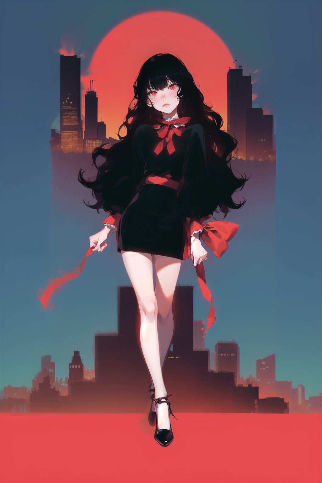 long black shiny hair,  ((wavy hair)),  red eyes,  1girl,  teenager,  city,  red and black clothes,  ribbon in hair,  full body